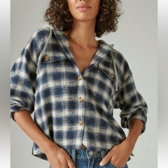 Lucky Brand Cropped Plaid Hoodie in size L, like new - Picture 1 of 10